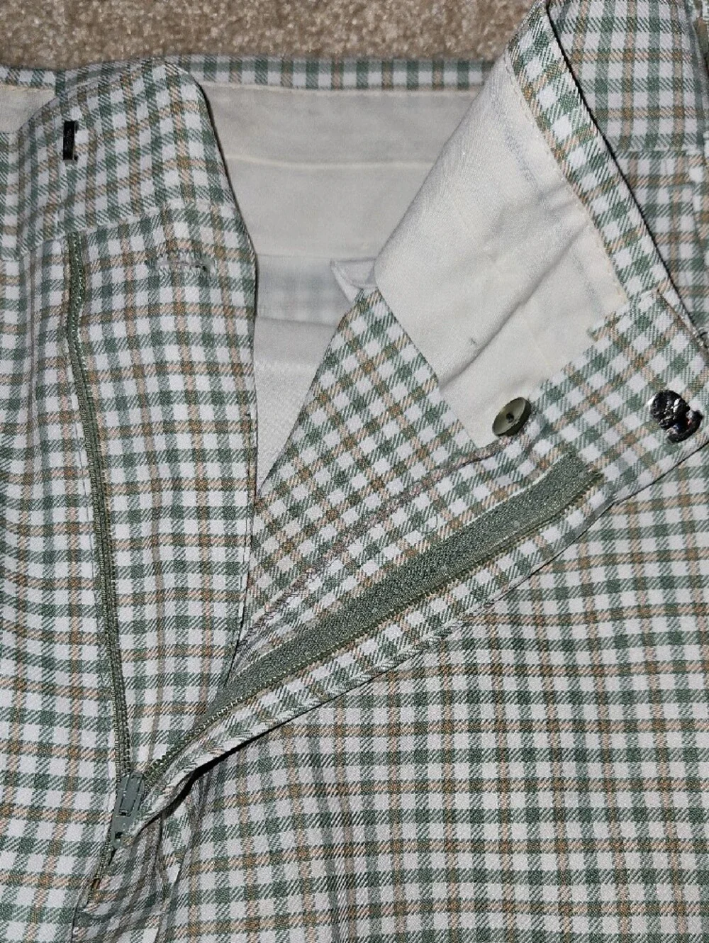 Custom Made Size W34xL33 Mens Green and Tan Vintage Plaid Flare Bottom Pants
